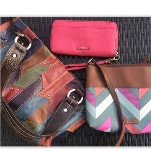 Bundle 3 Fossil handbags purses wallet Vintage style leather Crossbody multi